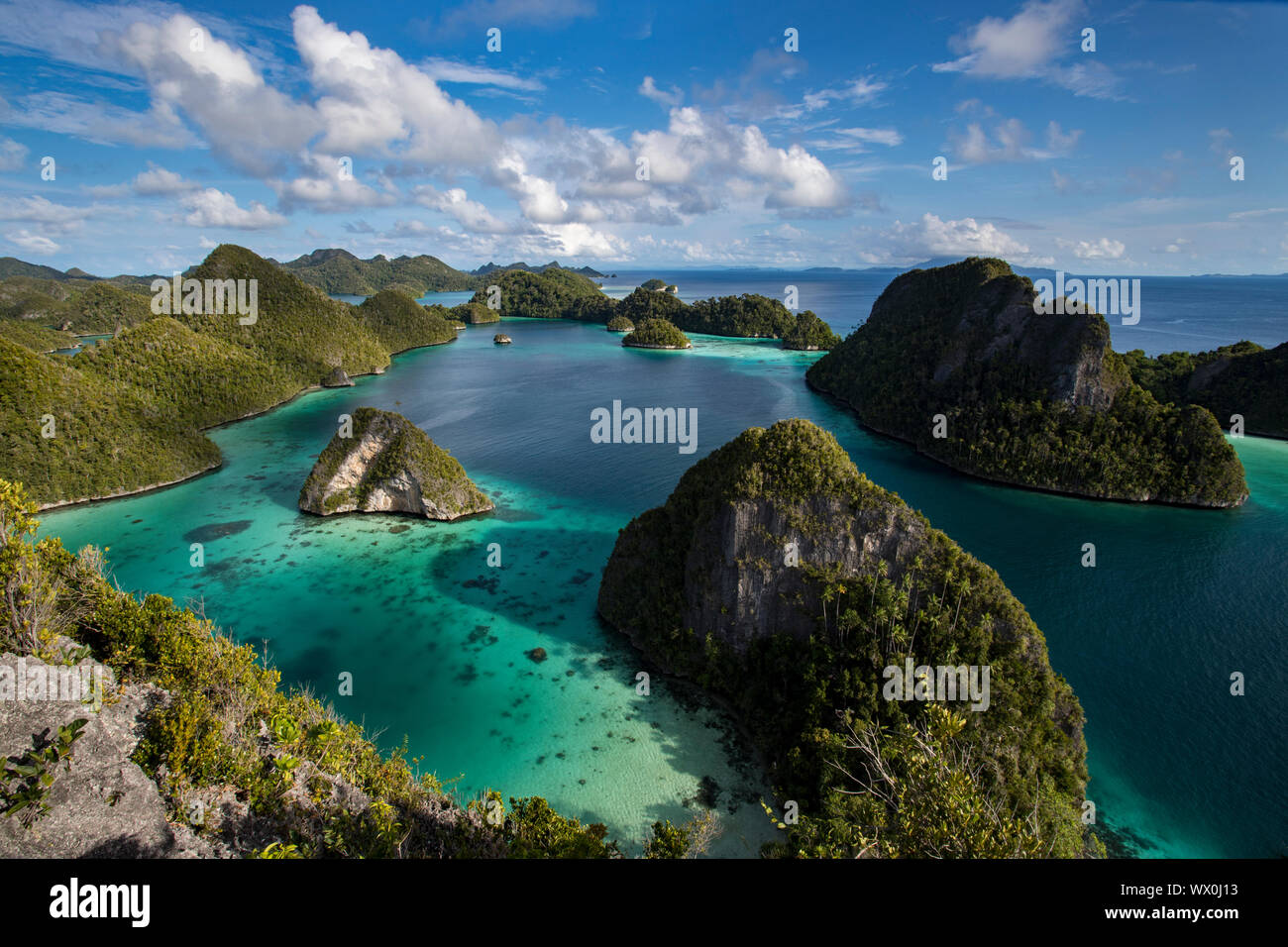 Vista aerea della laguna e del carso formazioni di calcare in Wayag Island, Raja Ampat, Papua occidentale, in Indonesia, in Asia sud-orientale, Asia Foto Stock