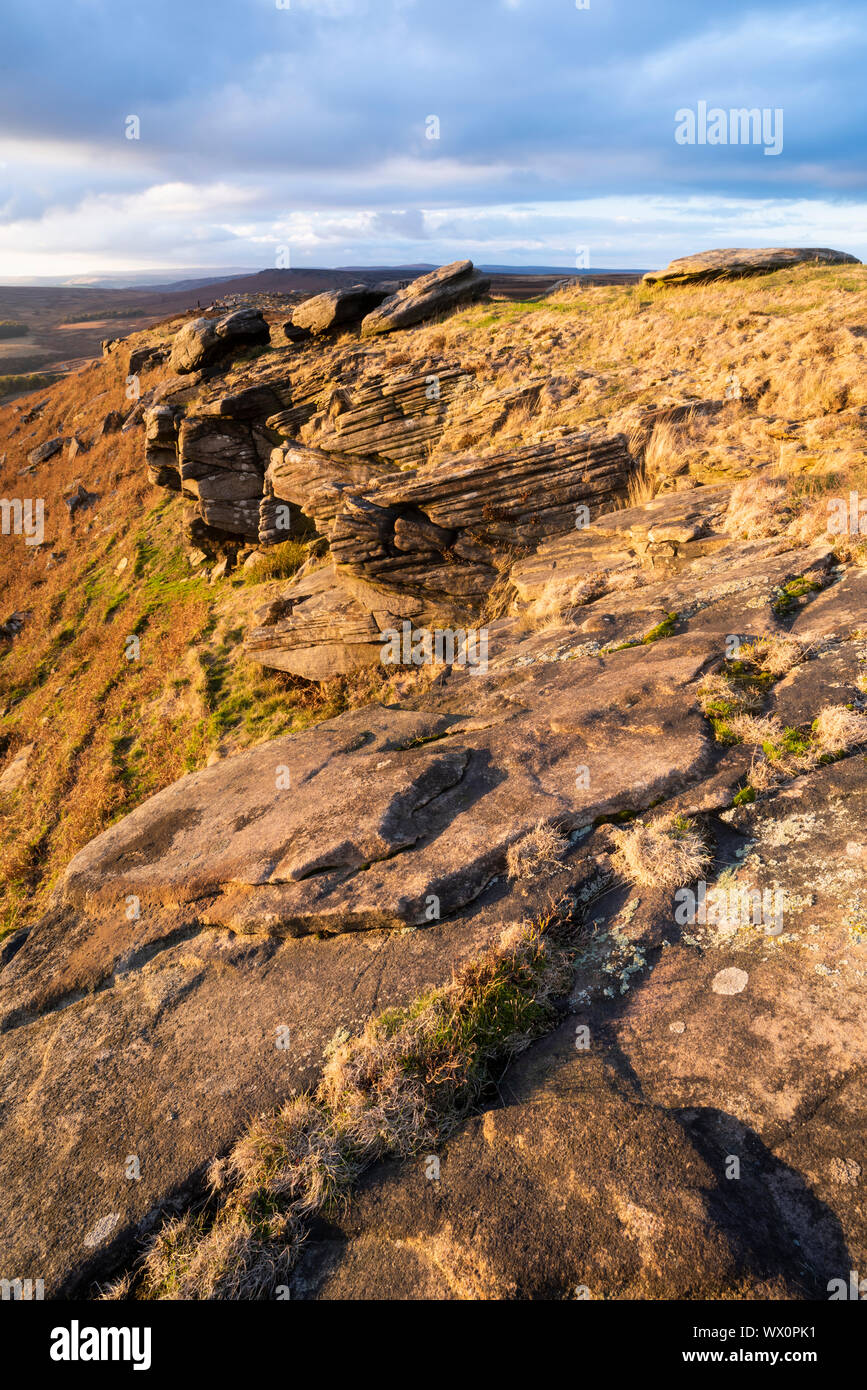 Vista dal bordo Stanage, luce della sera, Parco Nazionale di Peak District, Derbyshire, England, Regno Unito, Europa Foto Stock