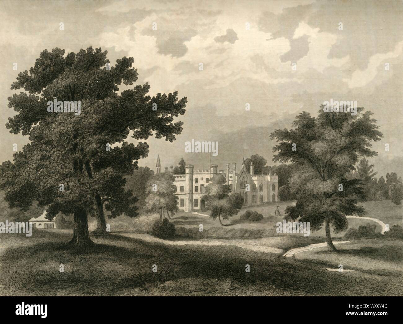 'Sheffield luogo", 1835. Grado che ho elencato parco e giardino stabiliti nel XVIII secolo da Capability Brown al posto di Sheffield, Fletching. Residenza di George Holroyd, 2° Conte di Sheffield (1802-1876). Da "La storia, antichità, e la topografia della Contea del Sussex, Volume i primi", da Thomas Walker Horsfield, F.S.A. [Baxter, Sussex premere, Lewes; sigg. Nichols e figlio, Londra, (1835)] Foto Stock