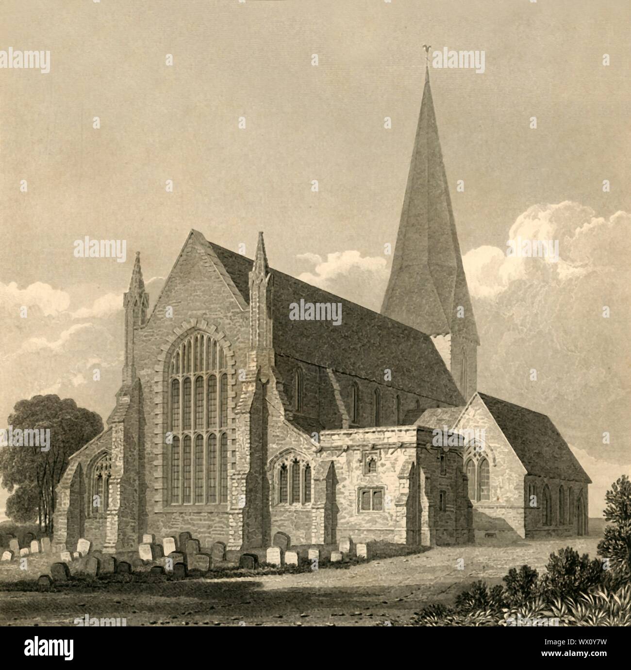 "Horsham chiesa", 1835. Chiesa di Santa Maria, Horsham. Chiesa Normanna completato c1247. Linea antica incisione di CJ Smith dopo JC Buckler. Da "La storia, antichità, e la topografia della Contea del Sussex, Volume la seconda", da Thomas Walker Horsfield, F.S.A. [Baxter, Sussex premere, Lewes; sigg. Nichols e figlio, Londra, (1835)] Foto Stock