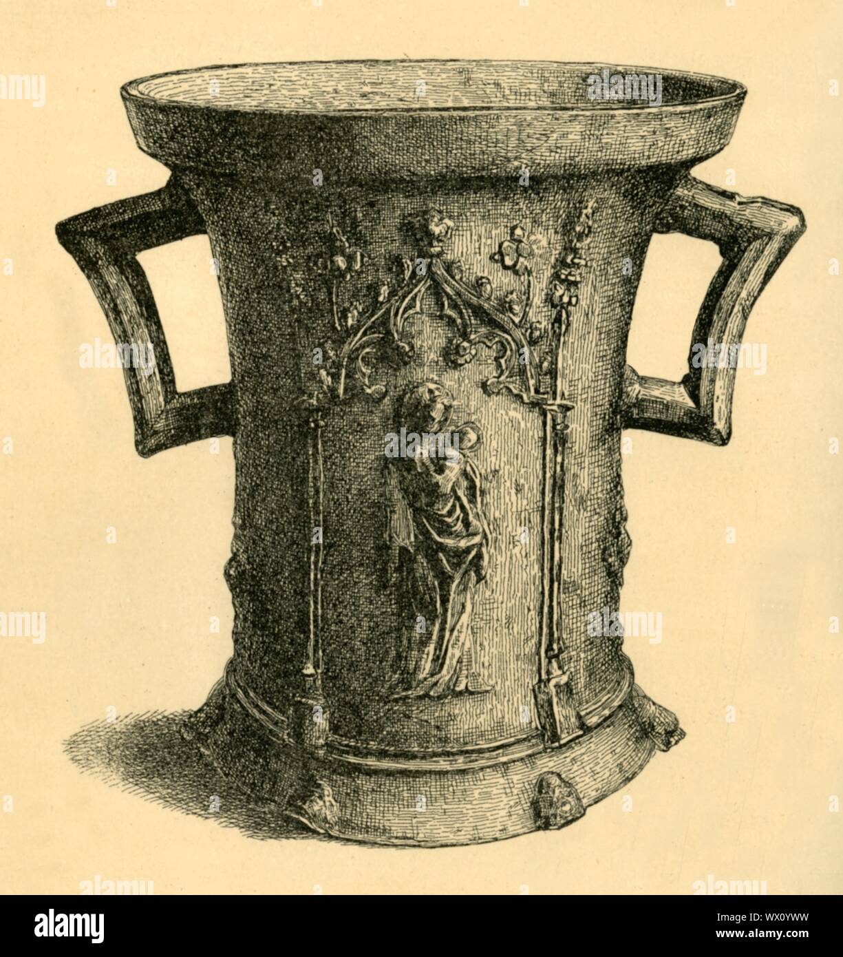 Malta, xiv secolo?, (1881). Attacco di un mortaio, un recipiente usato in cucina o in farmacia, in cui gli ingredienti sono tritati o polverizzati. Esso è stato eventualmente fatto presto a metà del XIV secolo in Inghilterra o nelle Fiandre. La decorazione in rilievo offre la Vergine e il bambino. Da "Il South Kensington Museum", un libro di illustrazioni incise con le descrizioni delle opere d'arte della collezione del Victoria &AMP; Albert Museum di Londra (precedentemente noto come il South Kensington Museum). [Sampson bassa, Marston, Searle e Rivington, London, 1881] Foto Stock