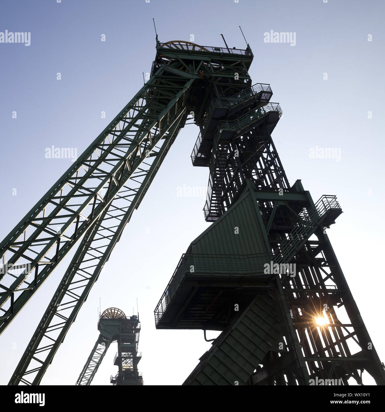 Torre di albero del carbone dismesse miniera Westfalen, Ahlen, Renania settentrionale-Vestfalia, Germania, Europa Foto Stock