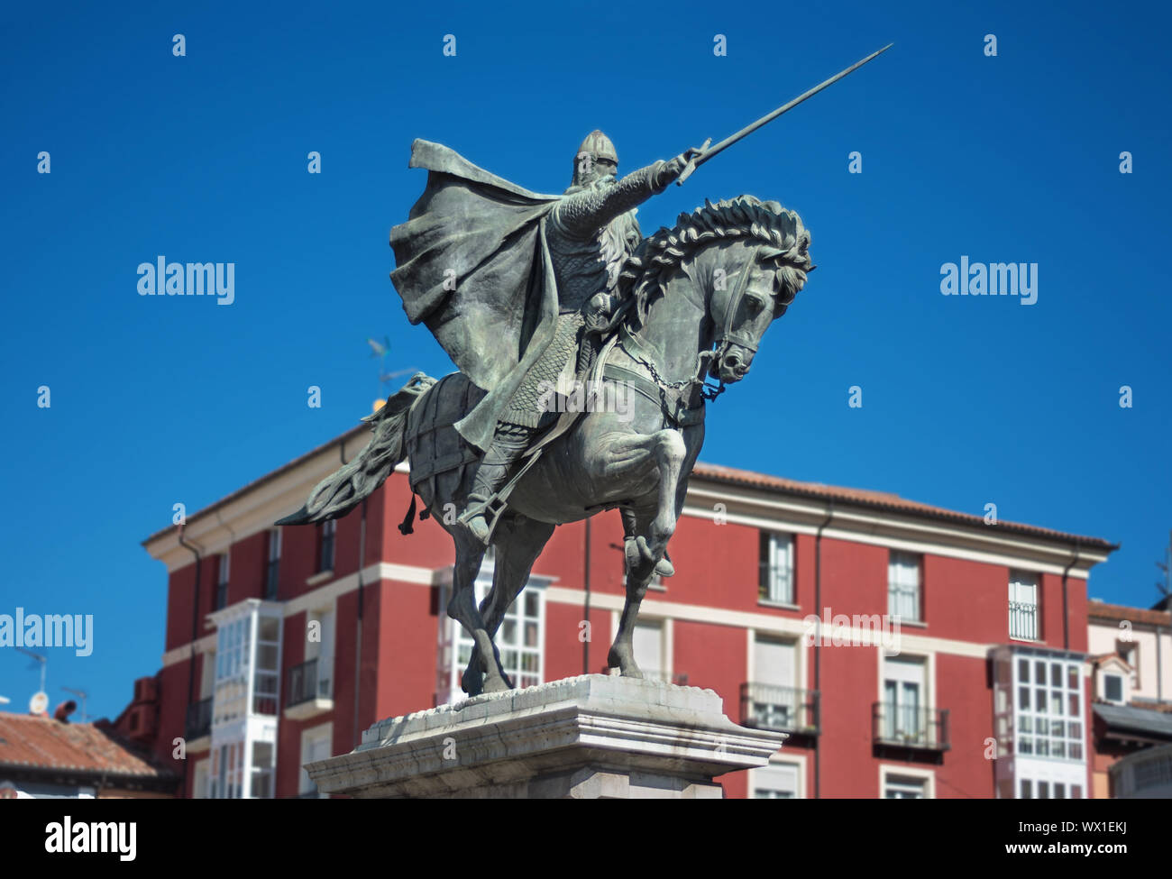 Antica statua della medievale soldato spagnolo Rodrigo Diaz de Vivar, El Cid a Burgos, Spagna. Foto Stock