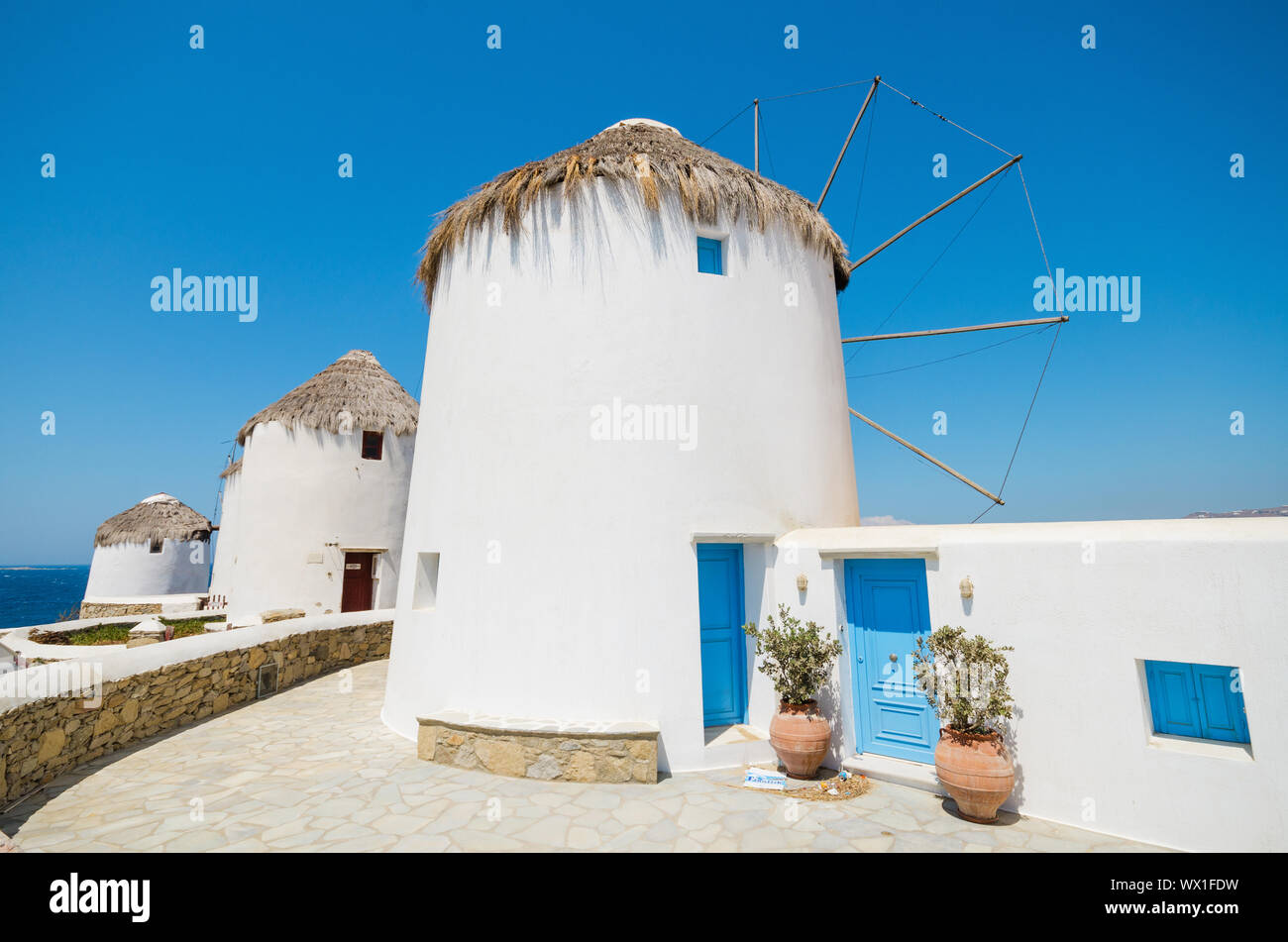 Il mulino a vento di famoso punto di riferimento, Mykonos Grecia. Foto Stock