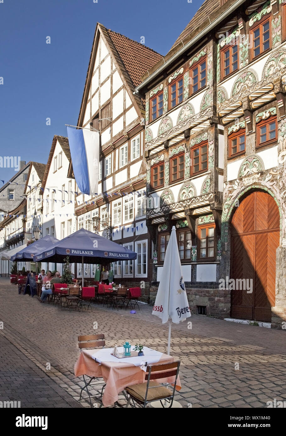 Metà storico-case con travi di legno, Città Vecchia, Hoexter, Weserbergland, East Westfalia, Germania, Europa Foto Stock