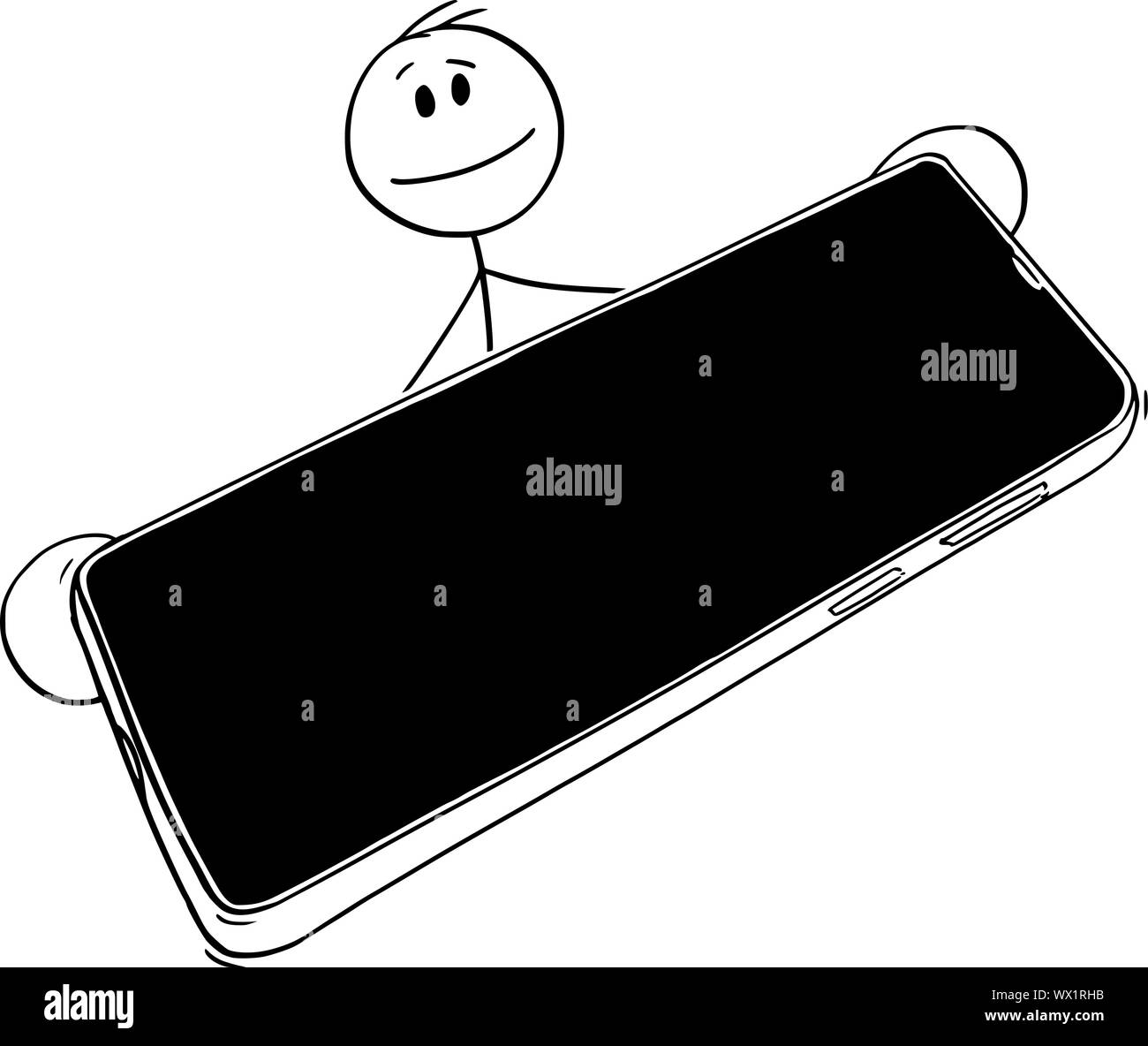 Vector cartoon stick figura disegno illustrazione concettuale dell'uomo azienda, offrendo o passando attraverso il telefono cellulare. Illustrazione Vettoriale