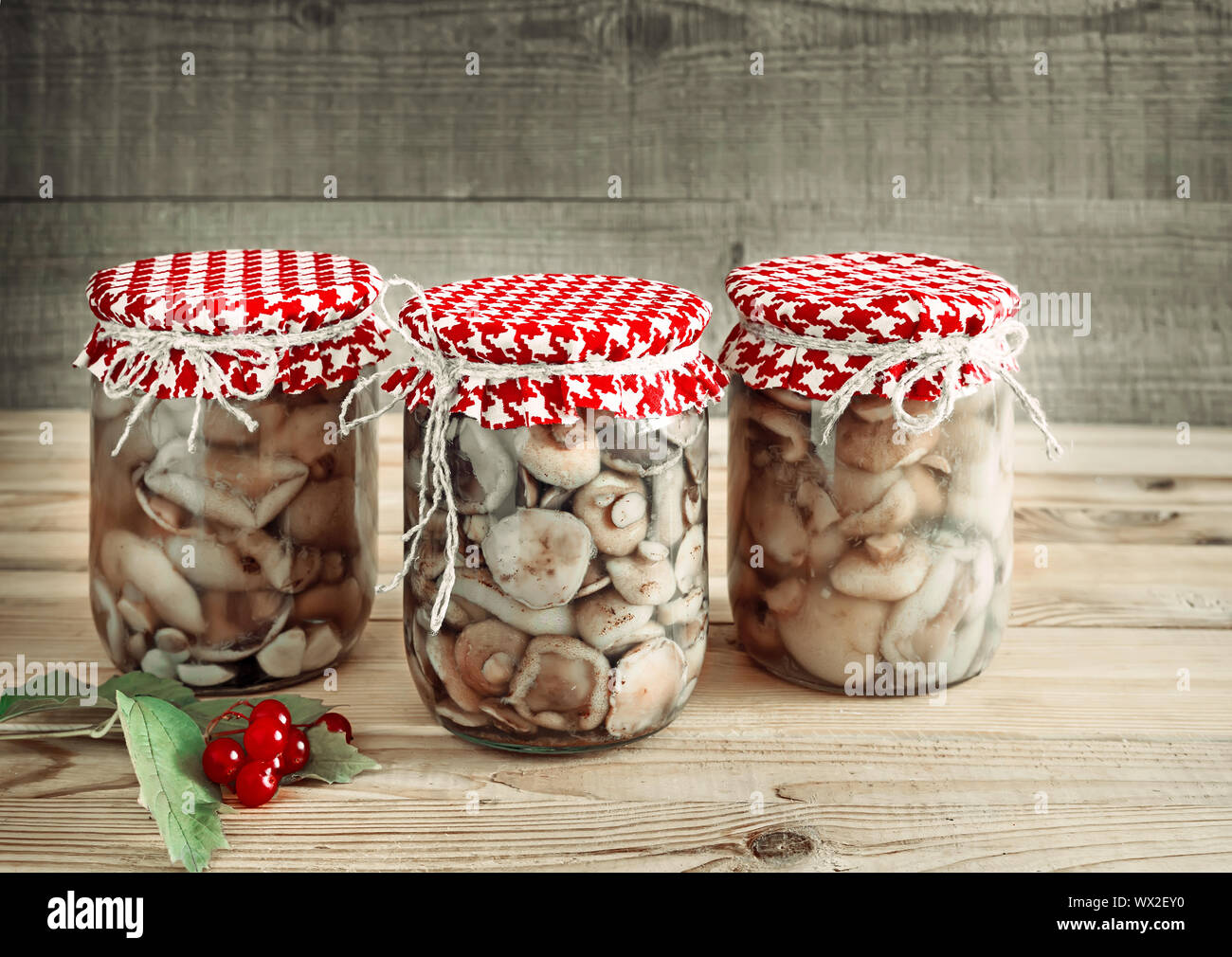 Home canning: funghi marinati in vasetti di vetro Foto Stock