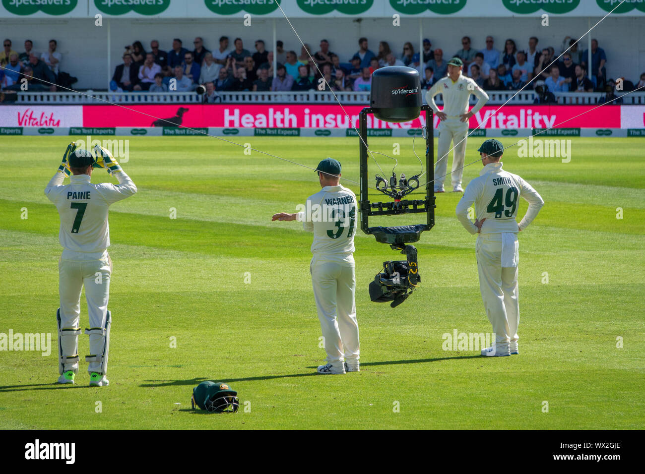 Spidercam al ovale per l'Inghilterra. v Australia Test Match.La Spidercam è un sistema che consente la pellicola e telecamere per muoversi sia verticalmente che orizzontalmente su una zona prestabilita, tipicamente il campo di gioco di un evento sportivo come un campo da cricket, campo di calcio o un campo da tennis. Il nome Spidercam è un marchio. Foto Stock