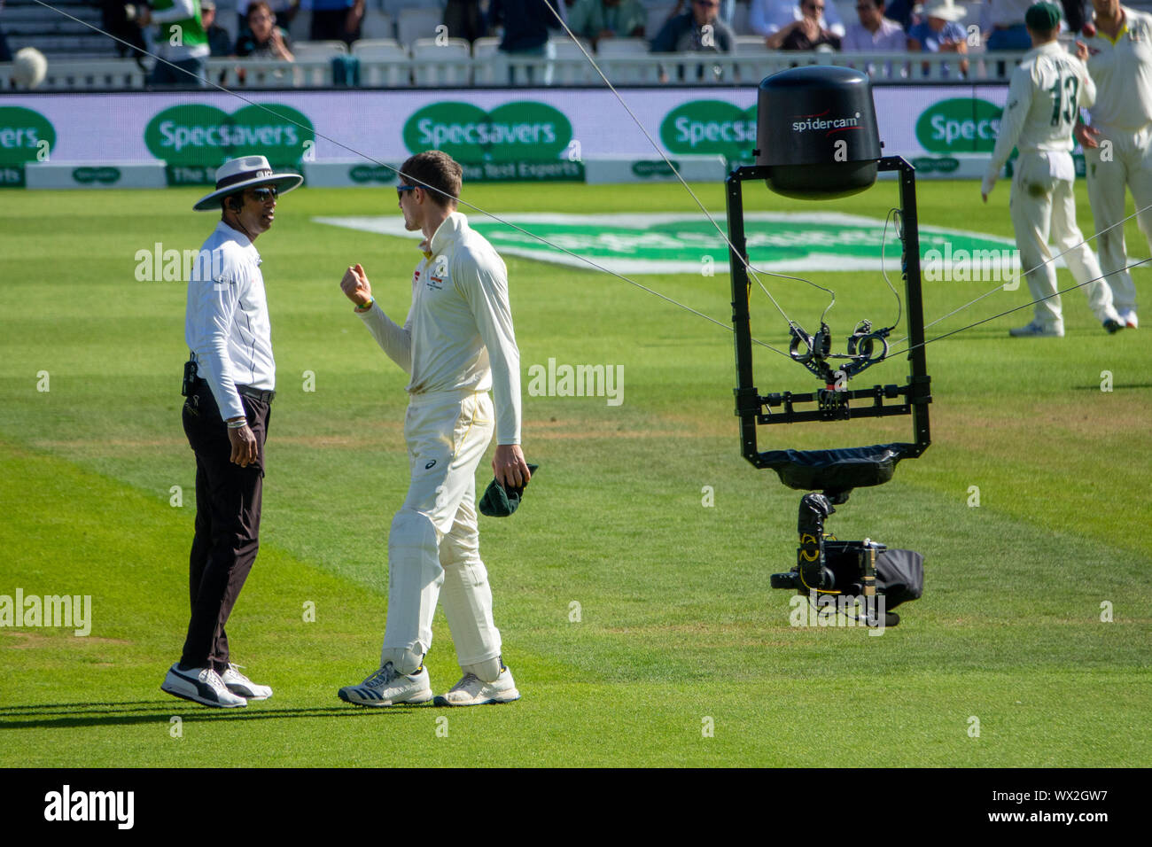 Spidercam al ovale per l'Inghilterra. v Australia Test Match.La Spidercam è un sistema che consente la pellicola e telecamere per muoversi sia verticalmente che orizzontalmente su una zona prestabilita, tipicamente il campo di gioco di un evento sportivo come un campo da cricket, campo di calcio o un campo da tennis. Il nome Spidercam è un marchio. Foto Stock