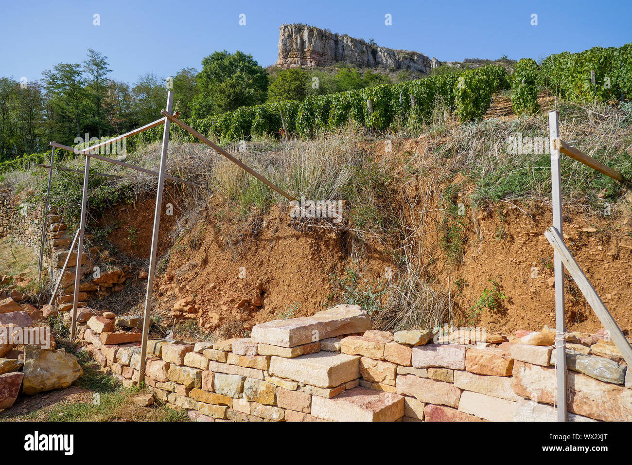 La ricostruzione di un pietre dorate (Pierres Dorées) wallet ai piedi della roccia Solutré, Solutré-Pouilly, Borgogna e Saône-et-Loire, Bourgogne-Franche-Comté Regione, Francia Foto Stock