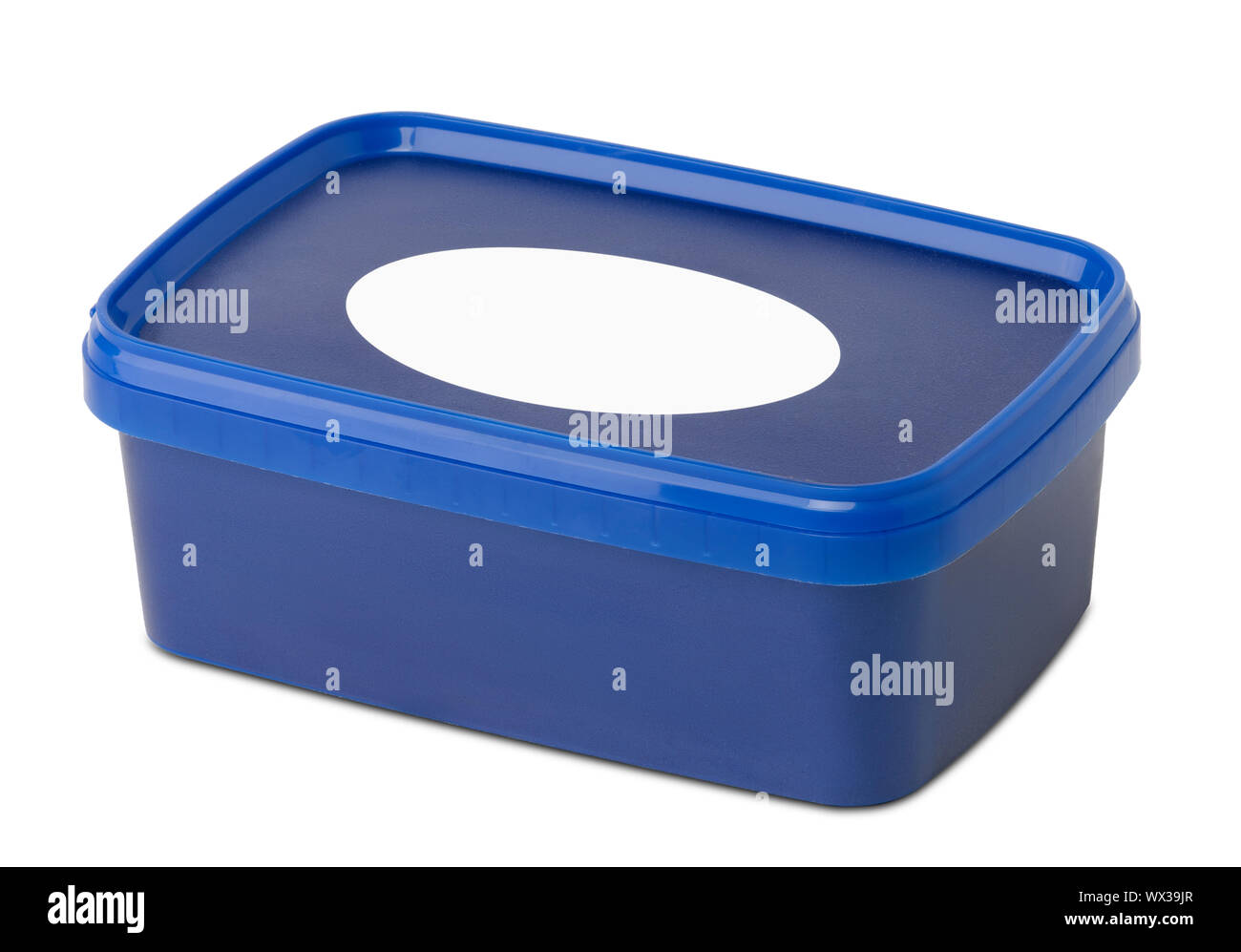 Blu in plastica rettangolare contenitore per alimenti lattiero-caseari. Isolato su un bianco. Foto Stock