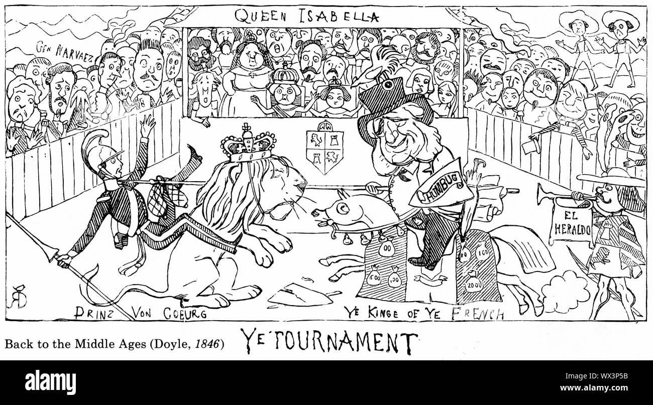Incisione di un cartoon politico del 1846 raffigurante il conflitto tra Inghilterra e il Primo Ministro spagnolo Ramón María Narváez, primo duca di Valencia, come un torneo dal Medioevo. Dal punzone magazine. Foto Stock