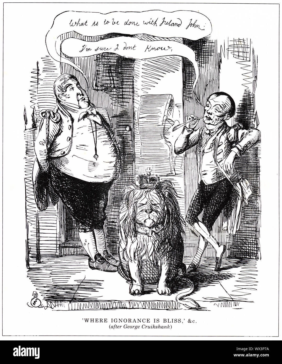 Incisione di due politici inglese a discutere di ciò che essi sono da fare circa i problemi ricorrenti in Irlanda. Dal punzone magazine. Foto Stock