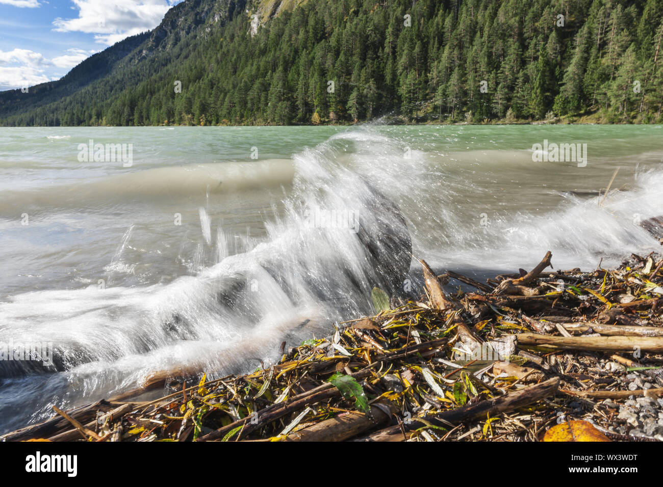 Schizzi sul bordo del lago Plansee Foto Stock