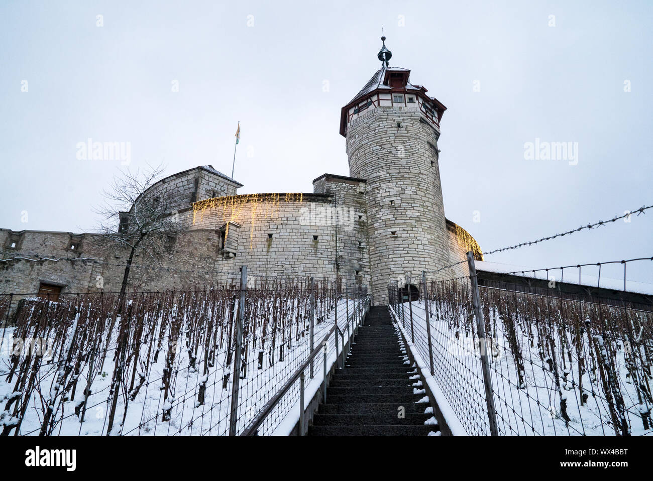 Schaffhausen, SH / Svizzera - Gennaio 5, 2019: Munot Castle e vigneti a Sciaffusa coperti Foto Stock