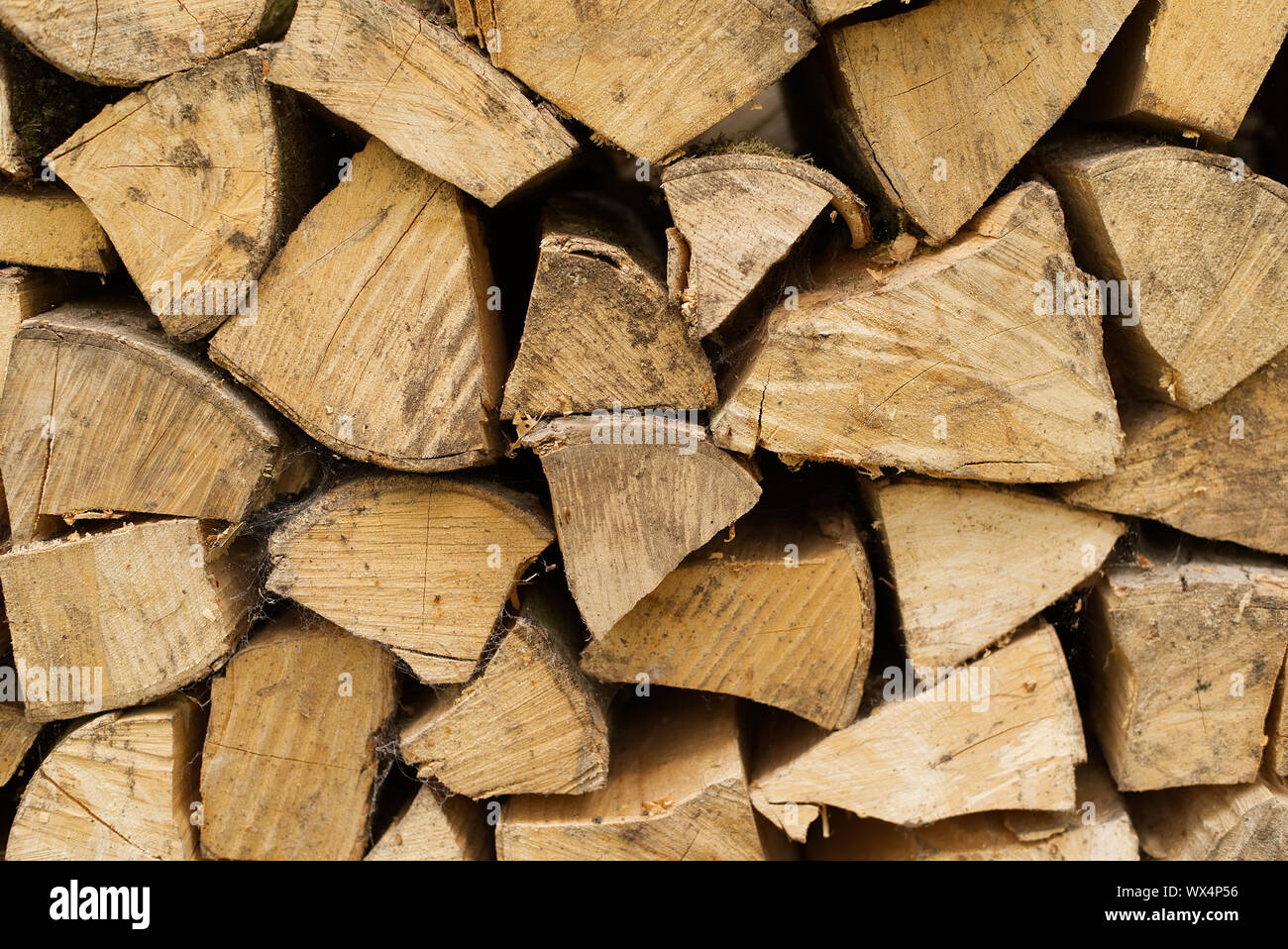 Segato di fresco tritato legna da ardere i registri in un palo di legno. Concetto di registrazione. La legna. Struttura in legno corteccia tritata di taglio Foto Stock