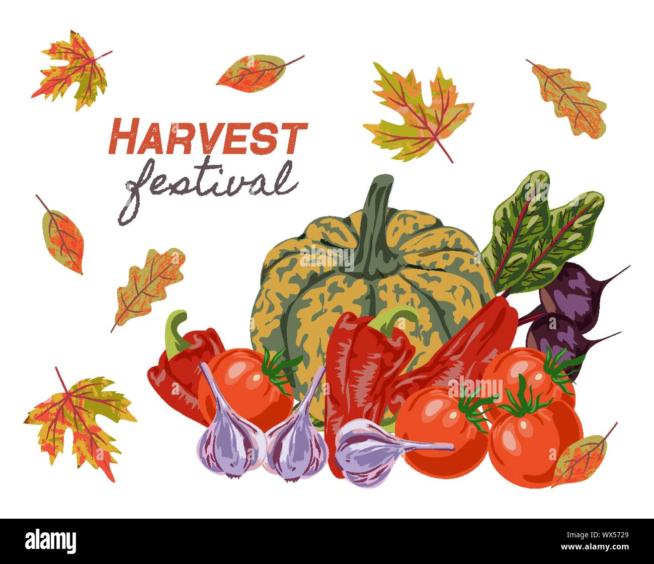 Harvest Festival. Diversi ortaggi e foglie di autunno isolati su sfondo bianco, piatto mano disegno vettoriale Illustrazione Vettoriale