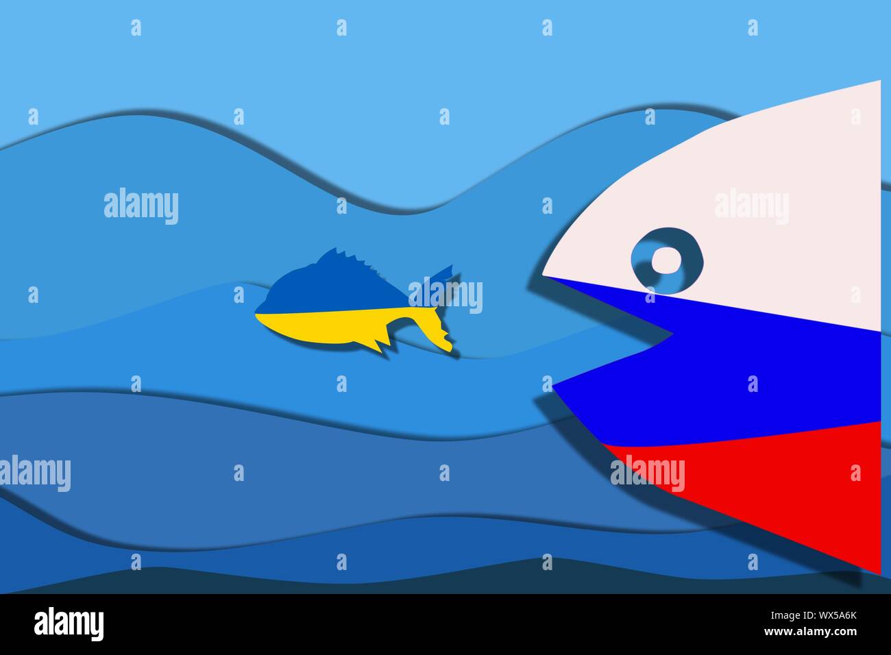 Sagome testurizzato di pesce da bandiere nazionali in Ucraina e in Russia Foto Stock