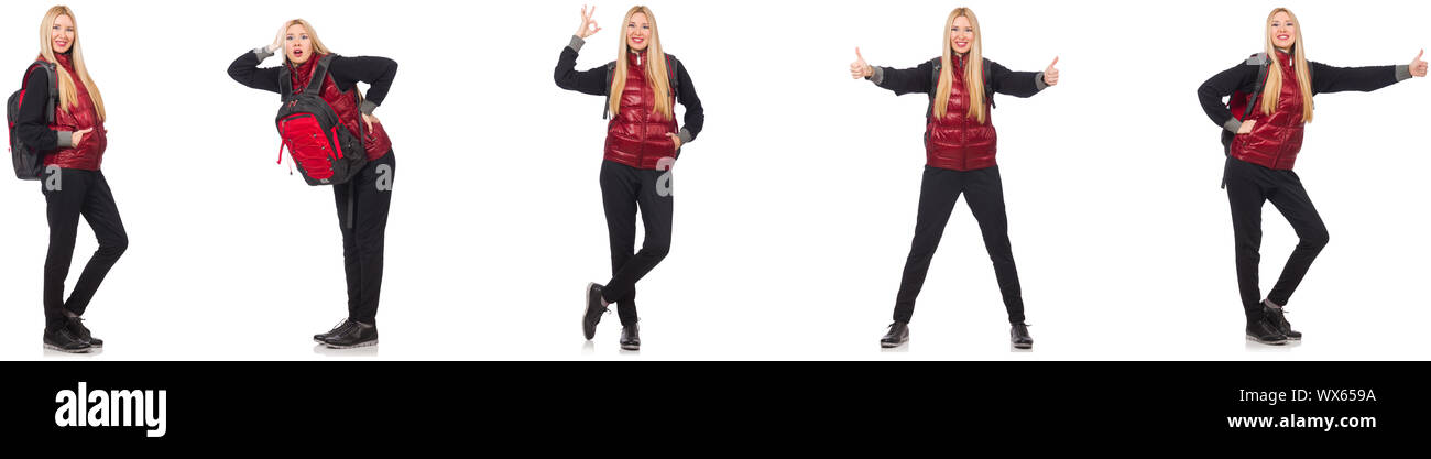 Giovane donna con zaino isolato su bianco Foto Stock