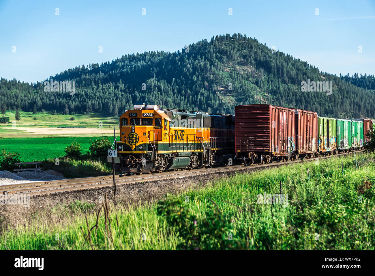 Montana paesaggi con treno pesante locomotiva a motore passando Foto Stock