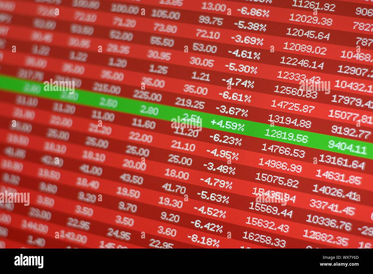 Investimento sicuro in stock market crash, concetto. Red prezzo negativo e un unico stock vincente in verde. Foto Stock