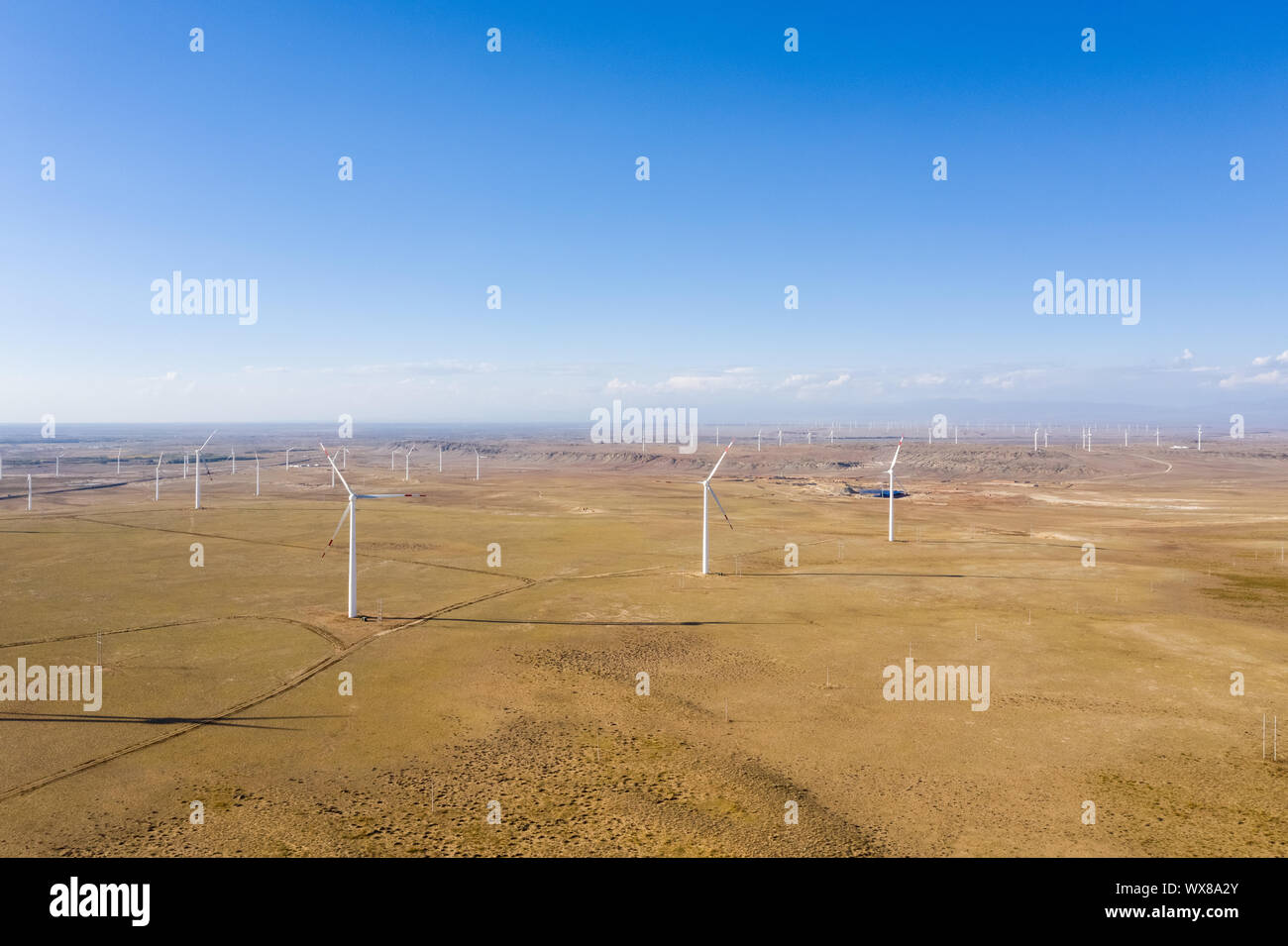 Vista aerea della fattoria eolica Foto Stock