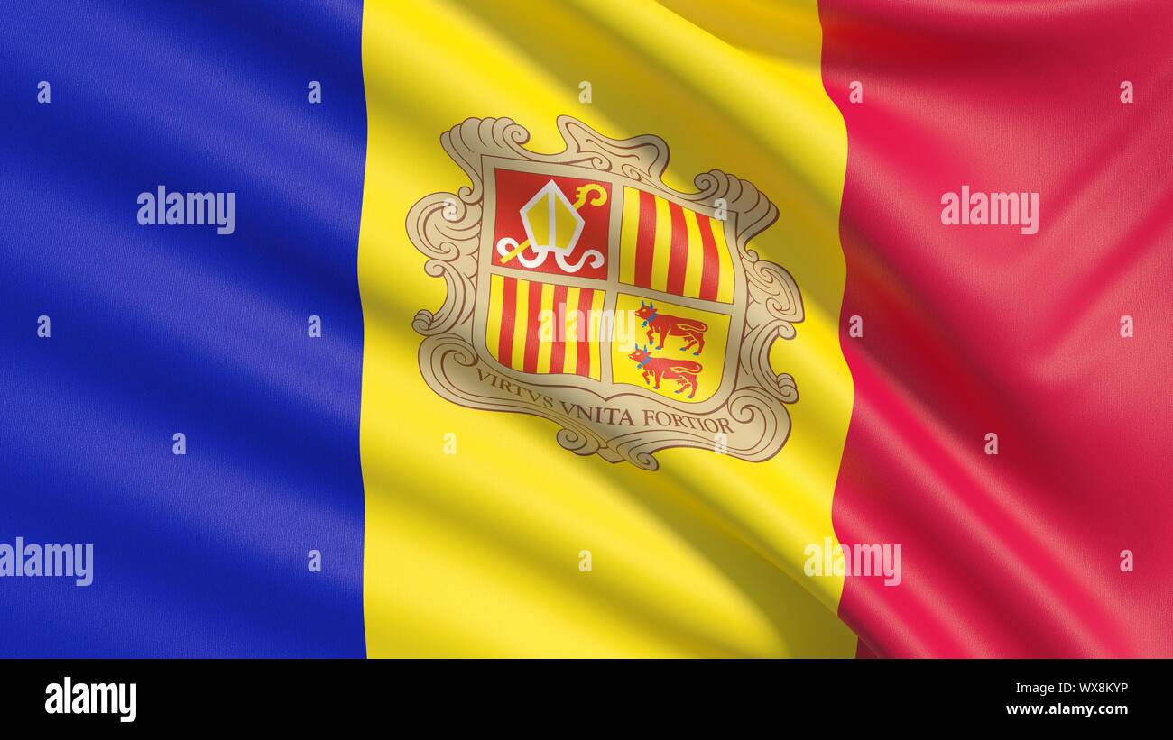 Bandiera di Andorra. Sventolato altamente dettagliate texture di tessuto. Foto Stock