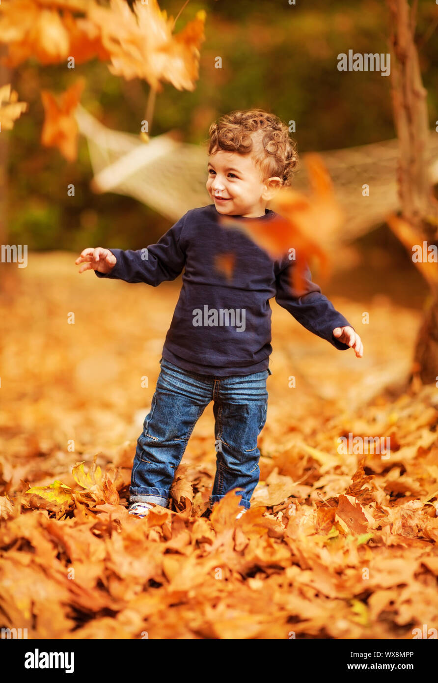 Little Boy in autunno park Foto Stock