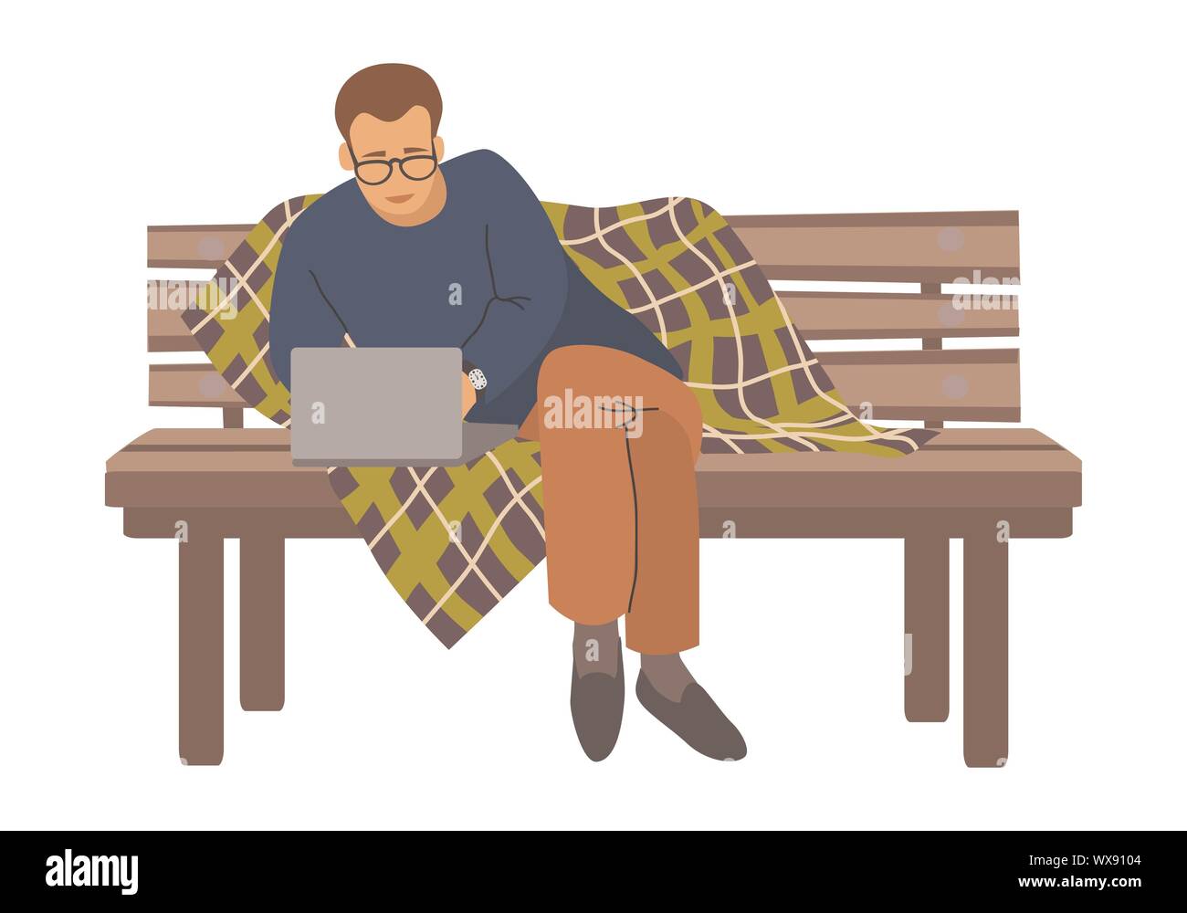 Giovane uomo seduto sul banco di lavoro con plaid e lavorare con il computer portatile. Appartamento moderno a mano disegnare illustrazione di social networking isolato su un bianco Illustrazione Vettoriale