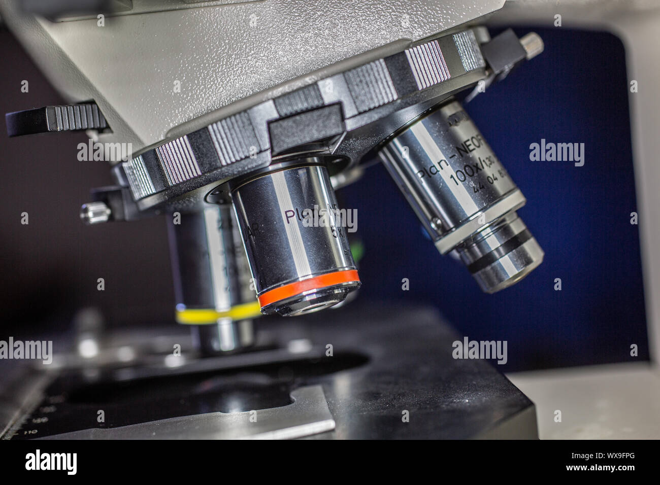 Obiettivo di revolver di un micro-scope con lenti Foto Stock
