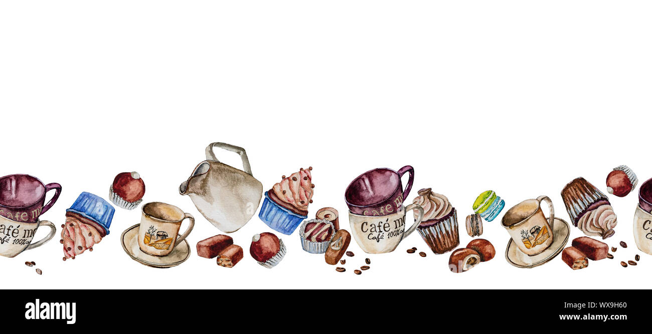 Tazze, tortine e dolci dipinti ad acquerello. Foto Stock