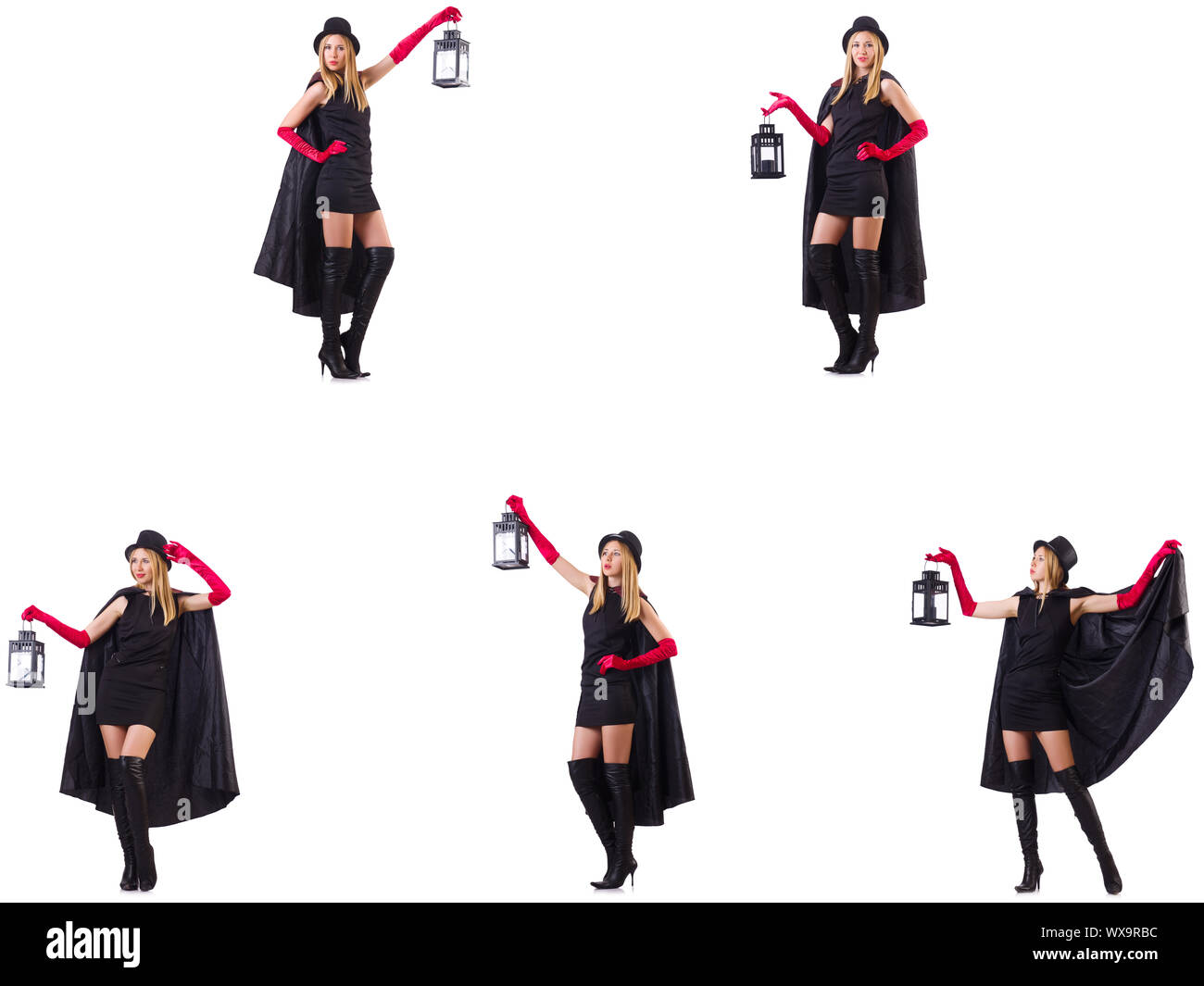 Bella donna con la lanterna isolato su bianco Foto Stock