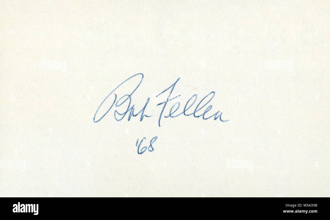 Autografo di Hall of Fame pitcher Bob Feller datata 1968. Feller era una stella bricco per il Cleveland Indians dal 1936 al 1956. Foto Stock