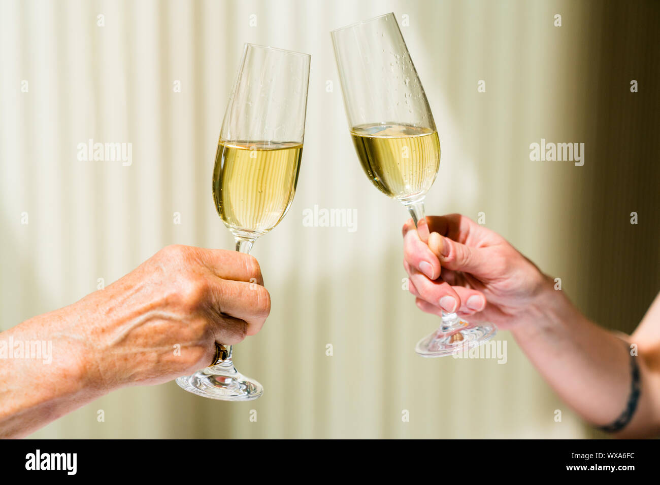 Mano di eldery donna e donna giovane la tostatura con bicchieri di champagne Foto Stock