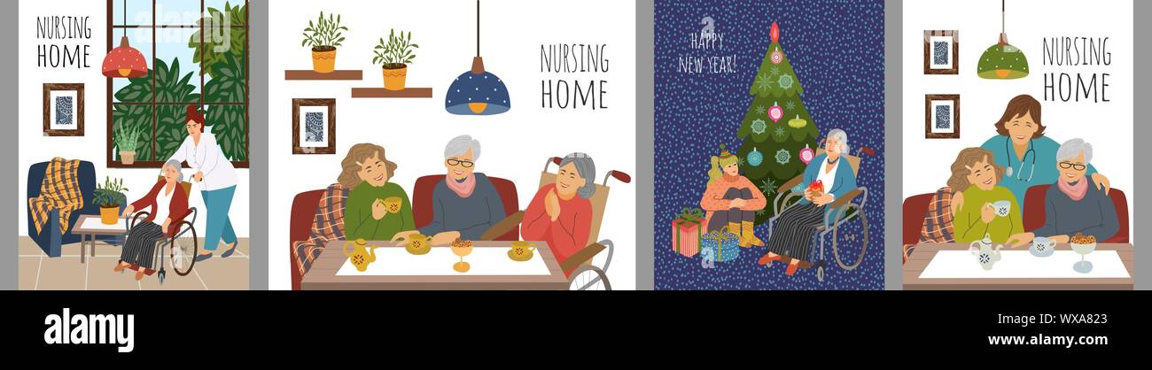 Set di Carino illustrazioni vettoriali di persone in una casa di cura. Felice donne anziane trascorrere il tempo libero insieme per celebrare le vacanze e la ricezione Illustrazione Vettoriale