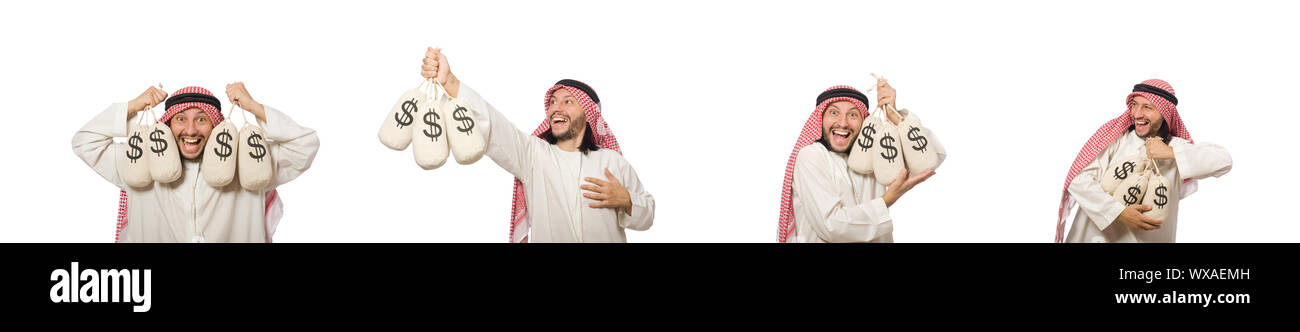 Imprenditore arabo con sacchi di denaro Foto Stock