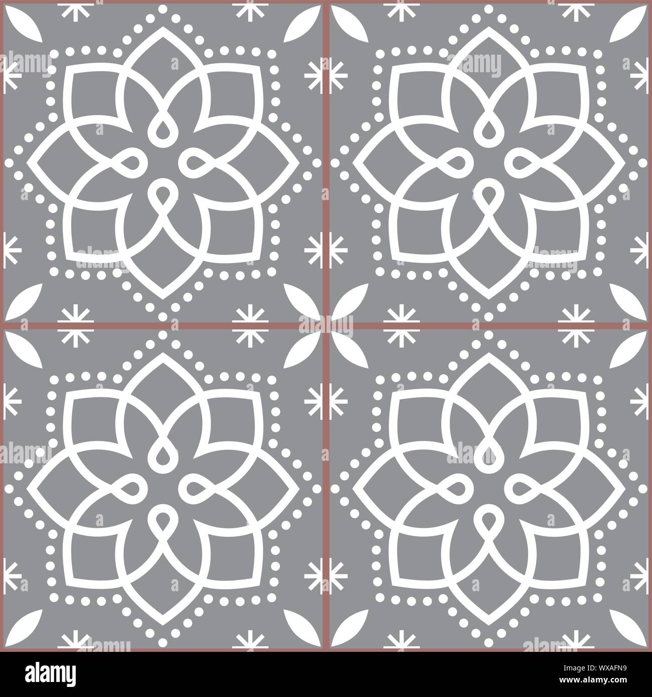 Geometrica vettore Azulejo piastrella seamless pattern ispirato da arte portoghese, stile di Lisbona grigio e bianco Sfondo piastrelle Illustrazione Vettoriale