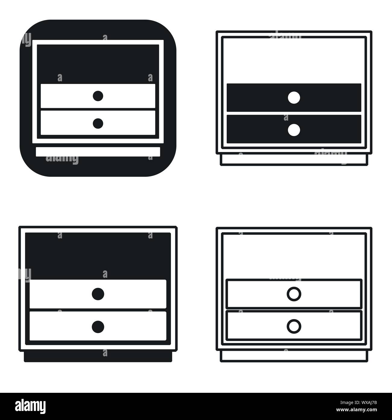 Bianco e nero comodino icone del monitor al posto letto set design illustrazione del comodino segni vettore per il web isolato su bianco Illustrazione Vettoriale