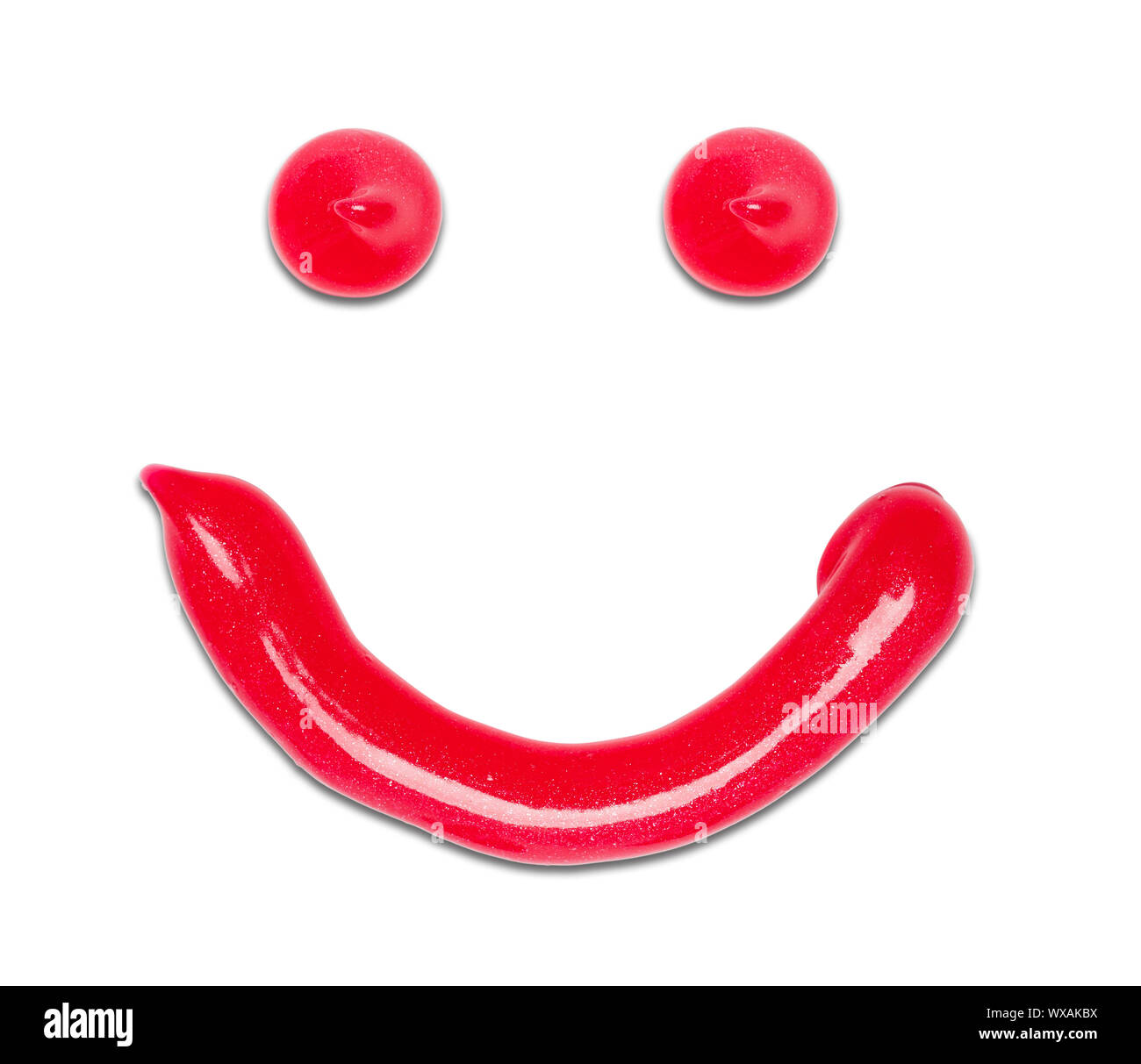 Red dentifricio faccia felice con sorriso isolato su bianco. Foto Stock