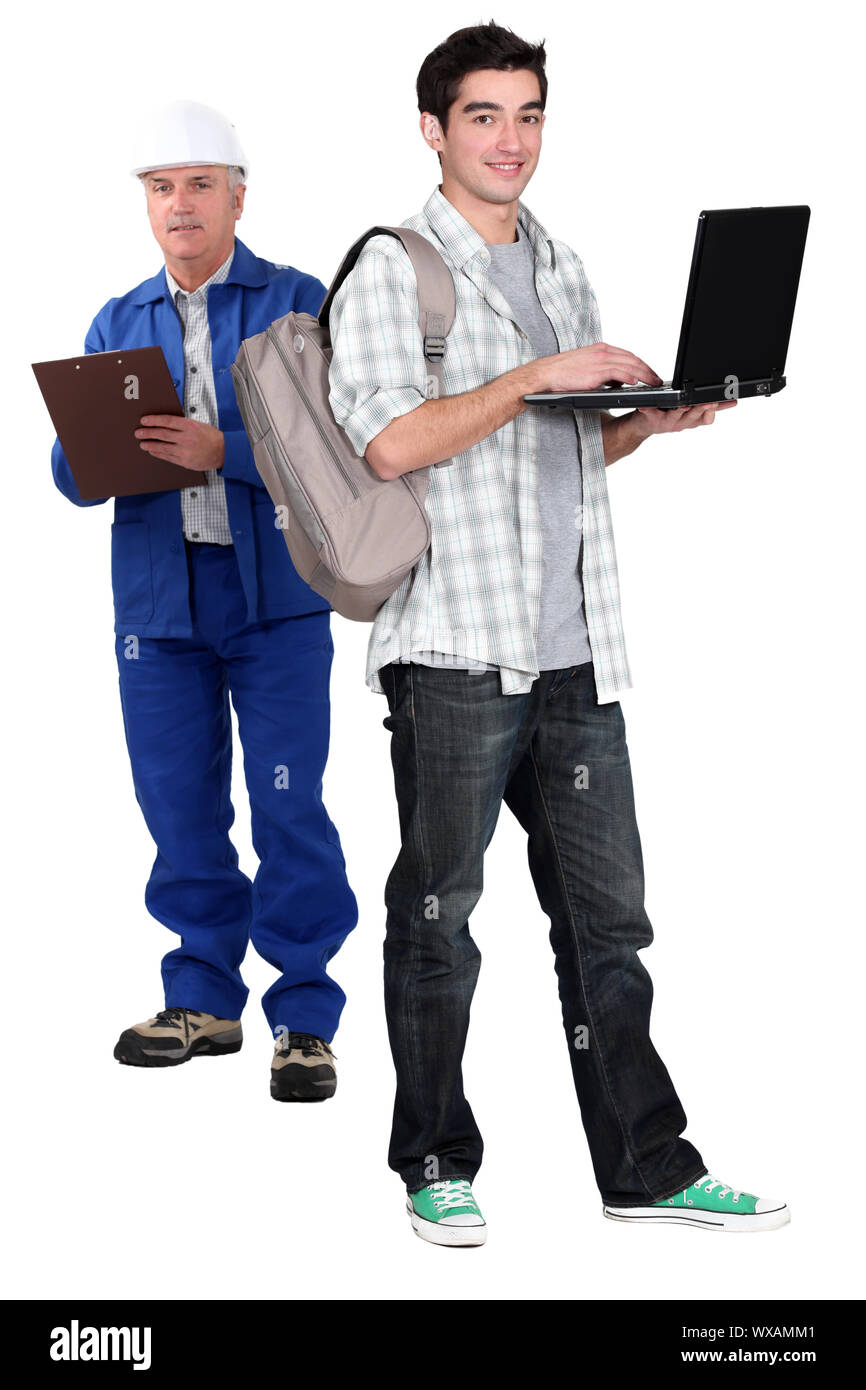 Builder e teenager stavano insieme Foto Stock