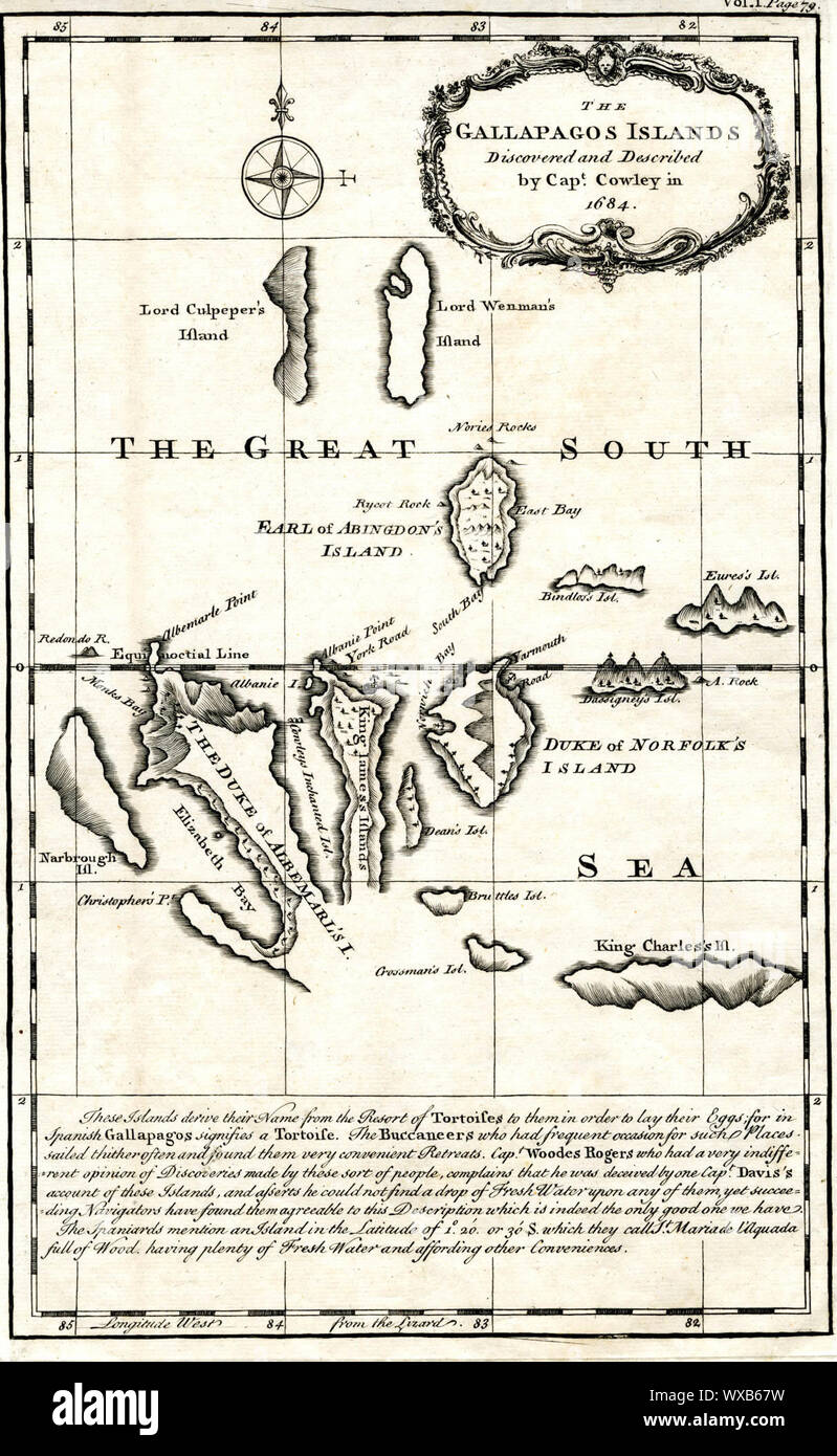 Mappa delle Isole Galapagos come descritto da Ambrogio Cowley nel 1684. Foto Stock