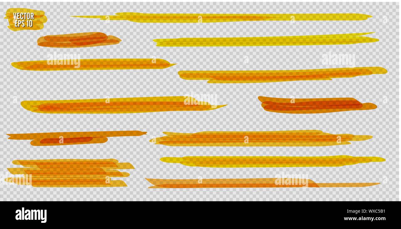 Vector evidenziatore set di spazzole. Disegnata a mano evidenziazione gialla strisce marcatore. Illustrazione Vettoriale