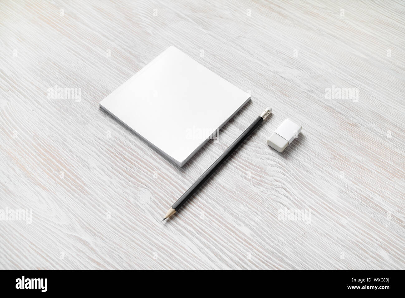 Blocco note, matita, eraser Foto Stock