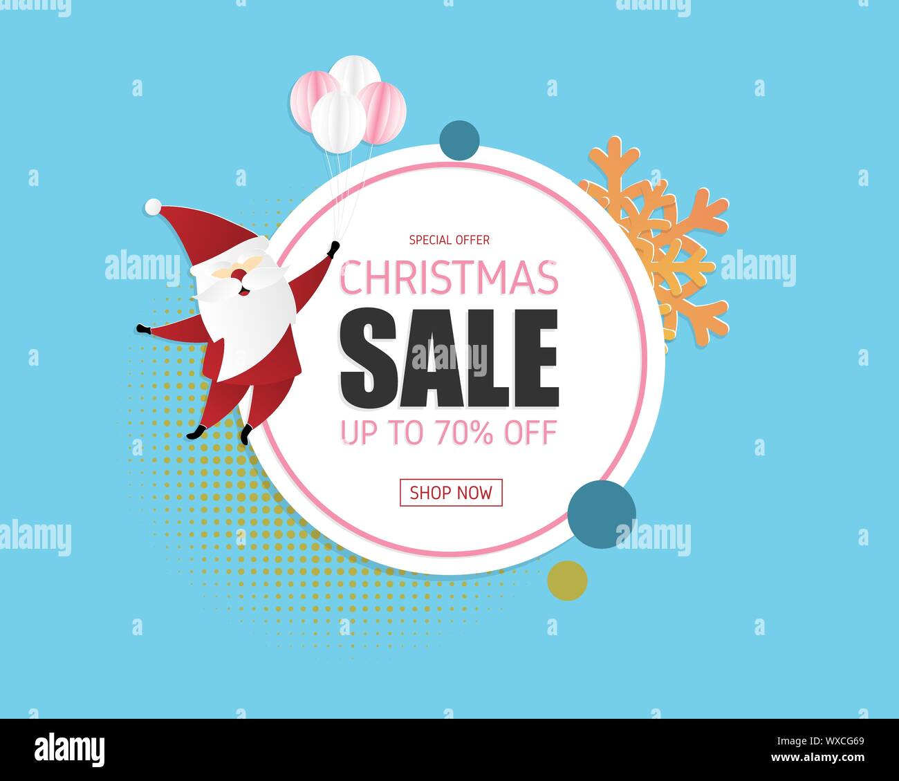 Natale Vendita banner in carta tagliata stile con felice Santa Claus e decorazione. Illustrazione Vettoriale design per striscioni, display advertising. Illustrazione Vettoriale