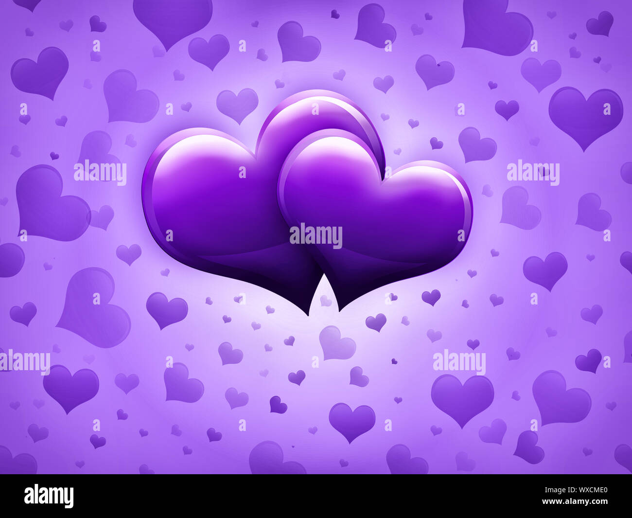 Valentines Day Card con due grandi cuori viola e molti piccoli cuori su uno sfondo viola Foto Stock
