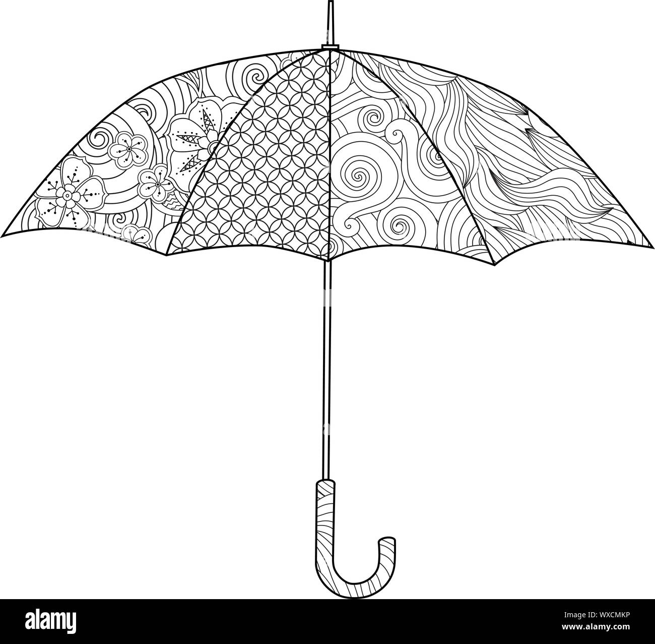 Ombrello in stile doodle ispirato a Zentangle isolato su bianco. Pagina di libro da colorare per adulto Illustrazione Vettoriale