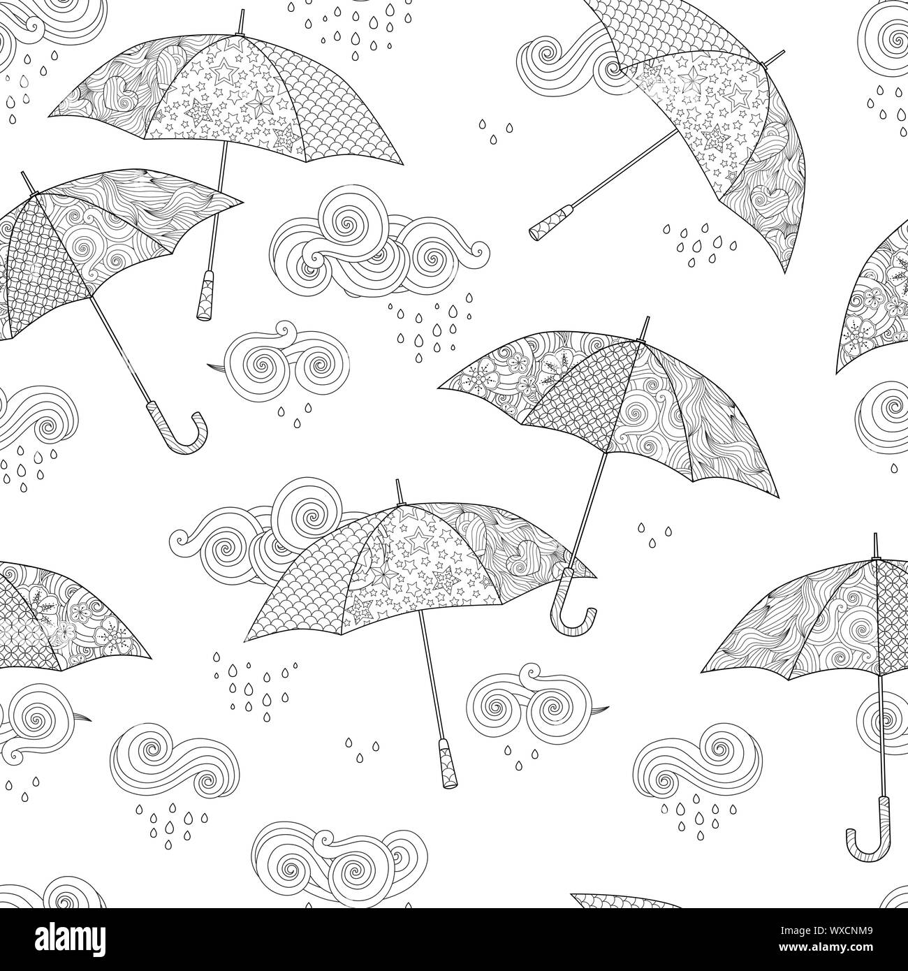 Motivo senza cuciture con ombrello in stile doodle ispirato a Zentangle isolato su bianco. Pagina di libro da colorare per adulto Illustrazione Vettoriale