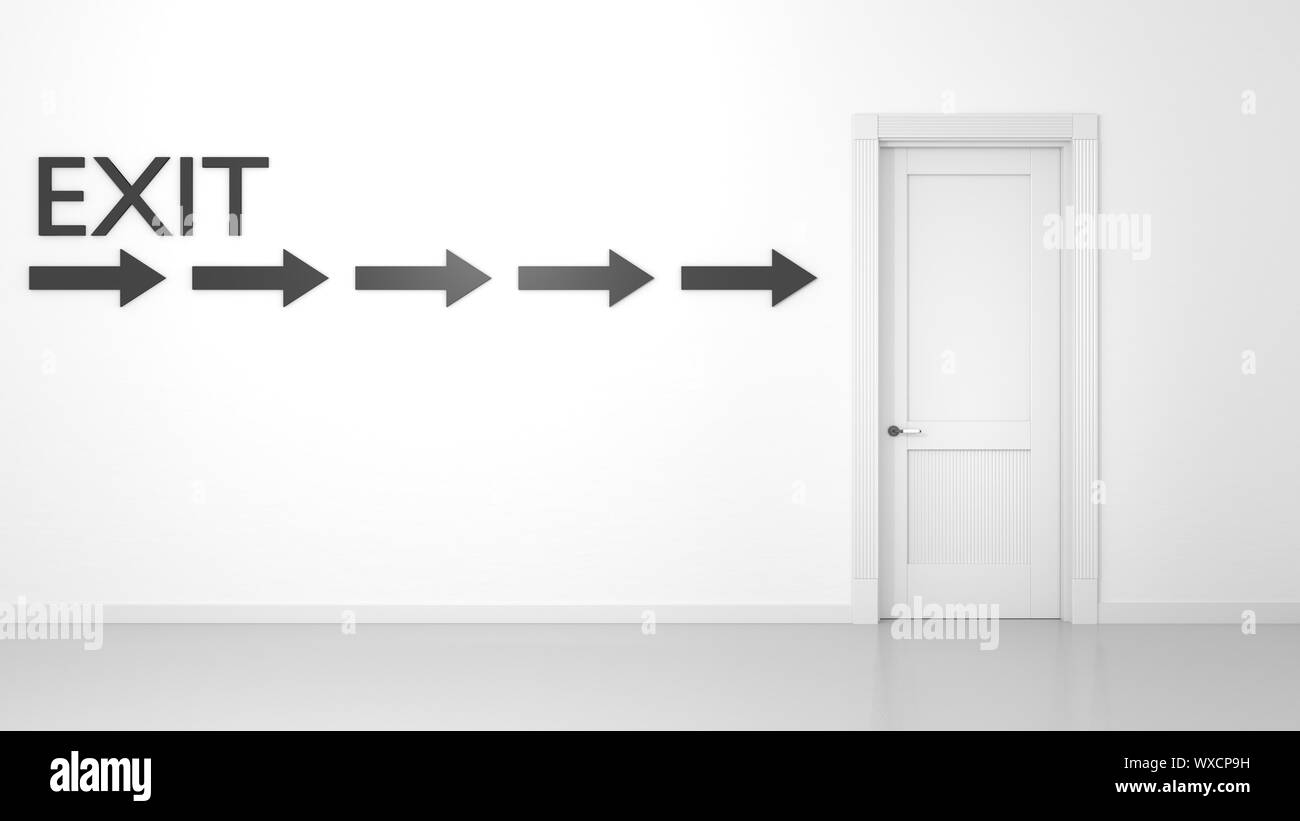 Porta con segnale di uscita sulla parete Foto Stock