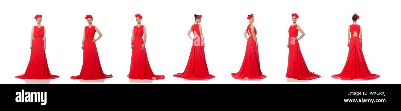 Grazioso modello caucasici in rosso lungo abito da sera isolati su whi Foto Stock
