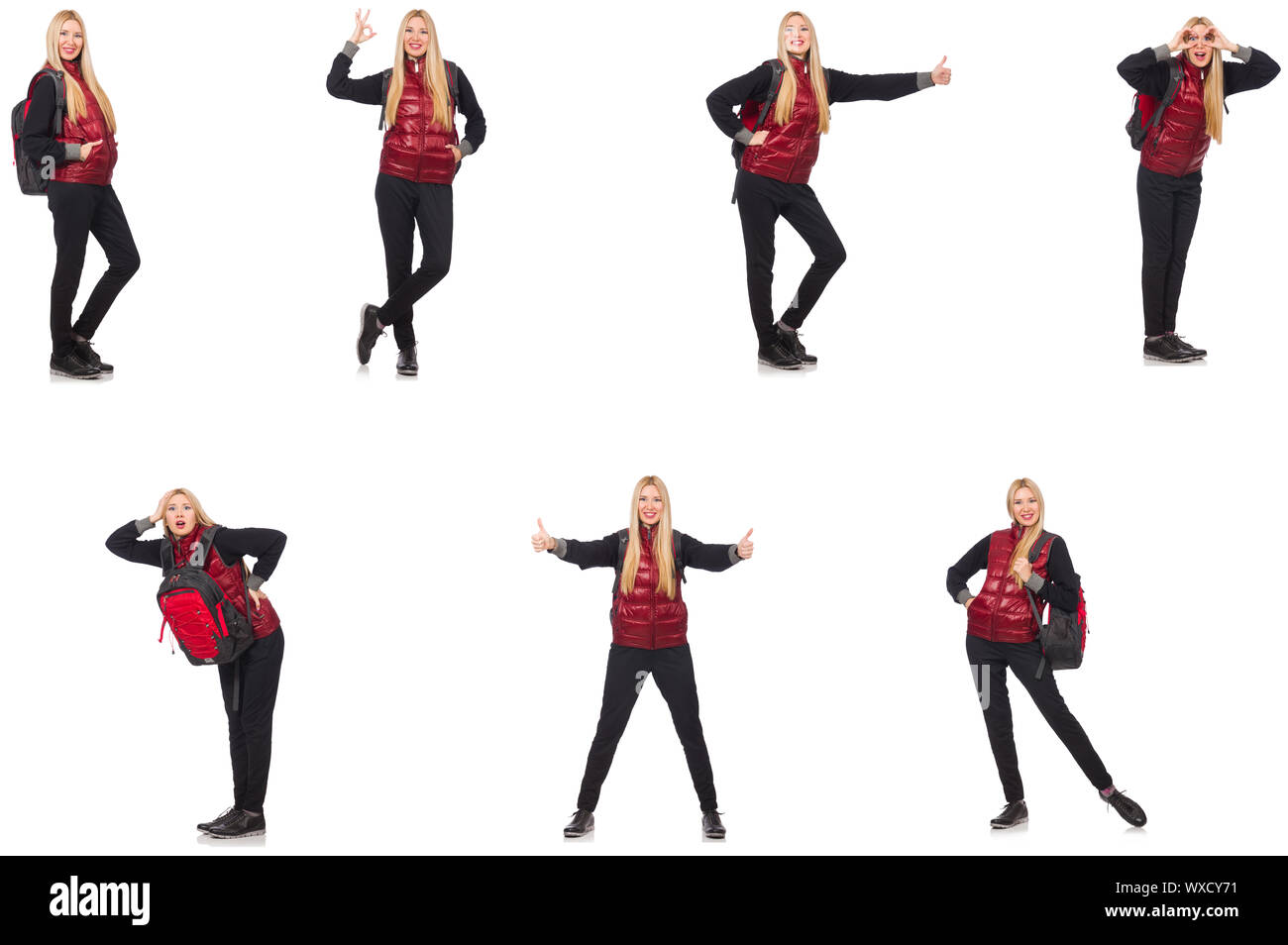 Giovane donna con zaino isolato su bianco Foto Stock